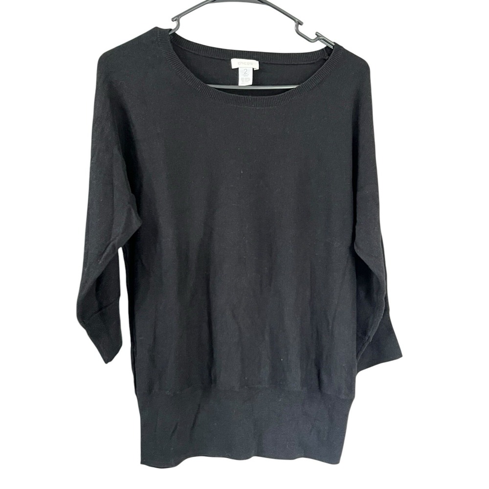 CHICOS The‎ Ultimate Tee Shirt Black 3/4 Sleeve Sz 2/ L Cotton Modal Nylon Wool
